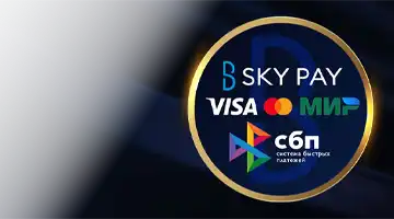 Изображение популярных платежных логотипов, таких как Visa, Mastercard и МИР, а также Sky Pay, подчеркивающее гибкость платежей в Игорный дом Enomo казино.